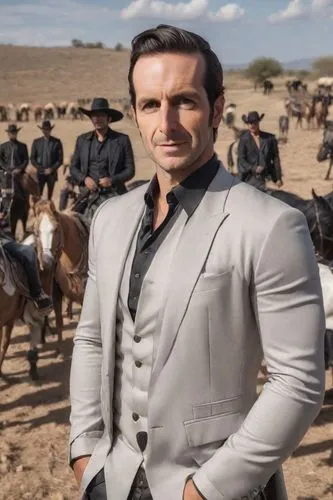 Men on a rich ranch in Jalisco, Mexico. Rich style. Villain vibes, black clothes.  ,a person wearing a gray suit and standing in front of horses,filoni,comancheria,buzkashi,valdostan,tugrul,comanchero