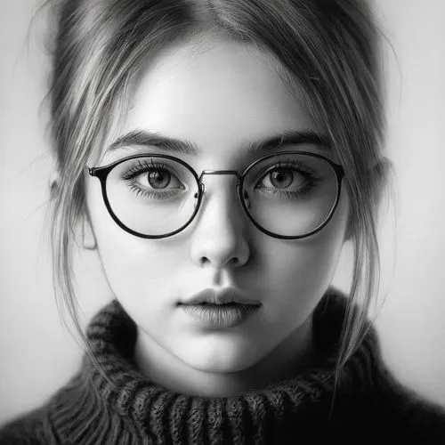 女生，黑白，素描，黑色毛衣,a woman wearing glasses and a turtle neck sweater,spectacles,girl portrait,silver framed glasses,glasses,with glasses,reading glasses,Illustration,Black and White,Black and White 35