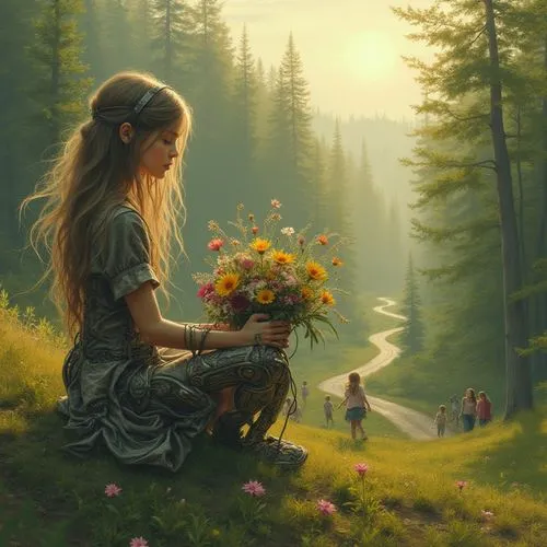 heatherley,girl picking flowers,girl in flowers,fantasy picture,donsky,idyll,Conceptual Art,Sci-Fi,Sci-Fi 09