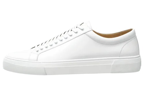 Low-top sneaker, white leather, lace-up, thick sole, rubber outsole, rounded toe, flat heel, casual style, minimalist design, subtle shading, delicate lines, side view, 3/4 composition, soft lighting,