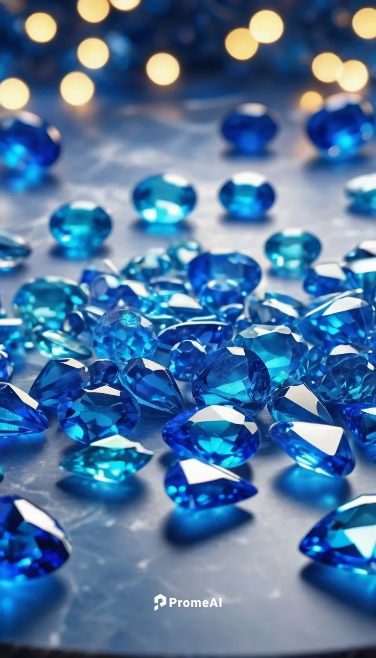 Blue Gemstones of all different sizes spread out across a glossy marble table surrounded by fairy lights and glitter,gemstones,precious stones,sapphires,birthstones,gemology,paraiba,diamantes,birthsto