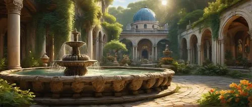 Ancient Arcadian architecture, grandiose structure, intricately carved stone walls, ornate marble columns, majestic dome-shaped roofs, stained glass windows, sprawling gardens, lush greenery, serene w