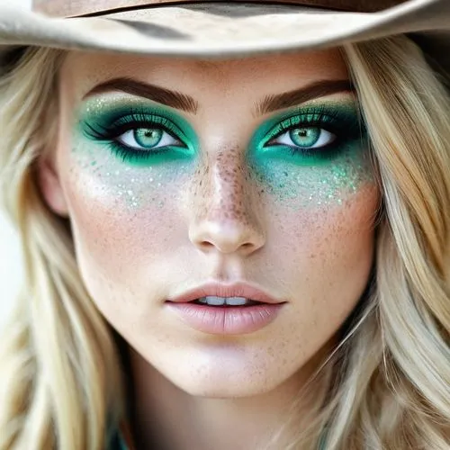 color turquoise,turquoise leather,cowgirl,peacock eye,turquoise,hatter,eye shadow,eyes makeup,teal,green eyes,women's eyes,neon makeup,eyeshadow,emerald,cowboy hat,face paint,straw hat,airbrushed,genuine turquoise,glitter eyes,Illustration,Realistic Fantasy,Realistic Fantasy 15