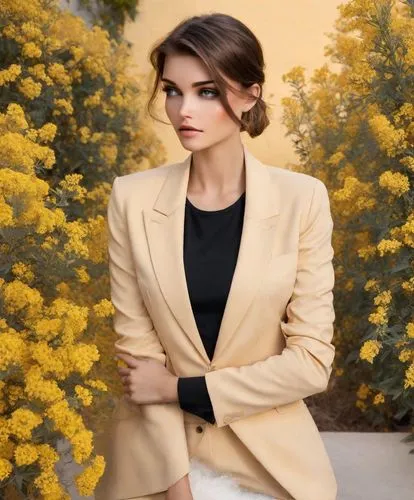 a woman is standing in front of yellow flowers,yellow and black,yellow jumpsuit,blazer,yellow,yellow background,stana