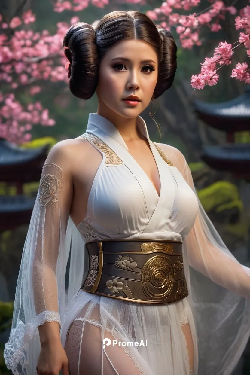 Beautiful woman Star Wars Princess Leia , UPSCALED, full body, 18K, Realistic, Hyper detail face, beautiful face, wearing parts of a translucent tulle Japanese Geisha dress and a lace underwear hyper 