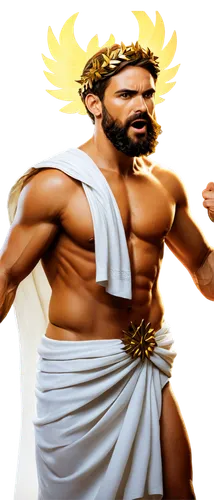 Multiple gods, mythological scene, ancient Greek-inspired, muscular male gods, bearded, laurel wreaths, white togas, golden accessories, lightning bolts, powerful poses, dramatic lighting, low-angle s