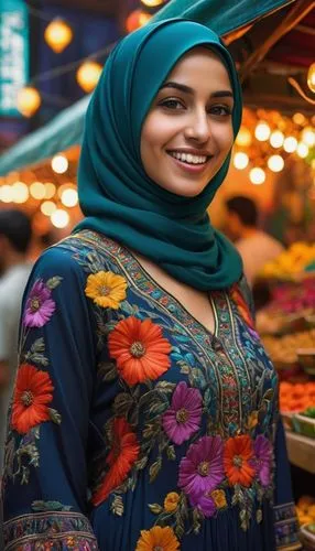 A perfect, ultra-detailed, ultra-realistic image of an urban summer night in a lively market district, where string lights and food stalls create a festive atmosphere. A 28-year-old Middle Eastern wom