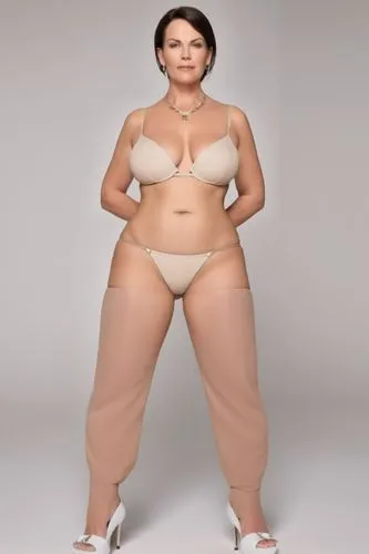 a full-figured woman with smooth and pale skin. she has large and sagging breasts. she has thick thighs. she has pot belly. she has big ass. she's wearing a Brazilian cut g-string bikini. she is stand