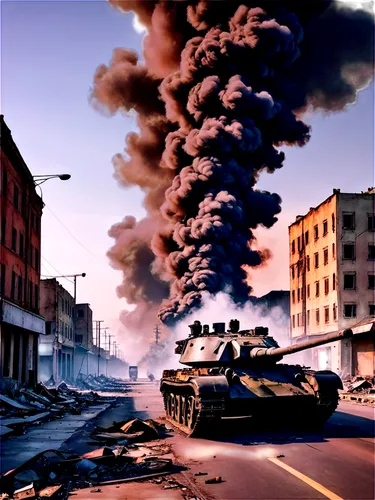 War-torn cityscape, destroyed buildings, ruins, smoke rising, dark clouds, broken streets, abandoned tanks, barbed wire, worn-out boots, scattered helmets, dramatic lighting, cinematic composition, gr