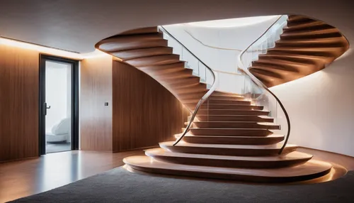 stairs, standard width, residential building, wooden material, carpeted texture, handrail, indoor lighting, side view, architectural detail, modern design, safety features, natural light, shadow play,