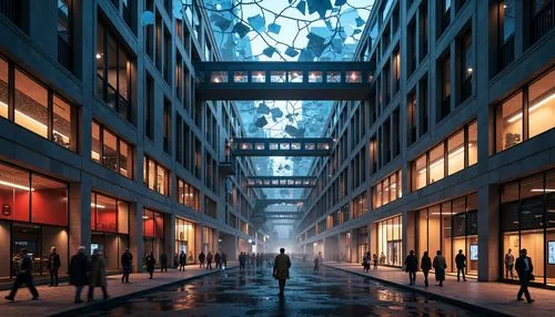 walking in the rain,shopping street,waterstreet,broadgate,3d rendering,urbanworld,potsdamer platz,metropolis,cityzen,galleria,city corner,rockefeller plaza,cybercity,luminato,pedestrian lights,citycenter,glass facades,urban,glass building,skyways