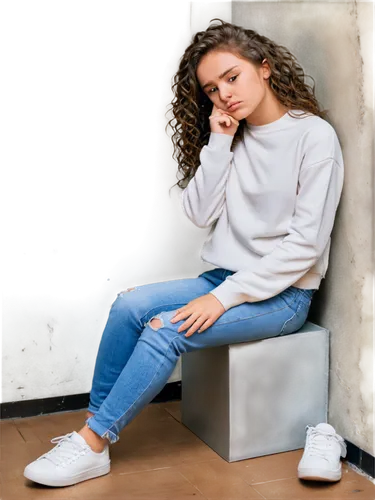 girl sitting,relaxed young girl,woman sitting,portrait background,sweatshirt,depressed woman,girl on a white background,teen,jeans background,female model,women's clothing,girl with cereal bowl,women clothes,girl in a long,sweatshirts,white boots,holding shoes,young woman,sitting on a chair,slouched,Illustration,Retro,Retro 16