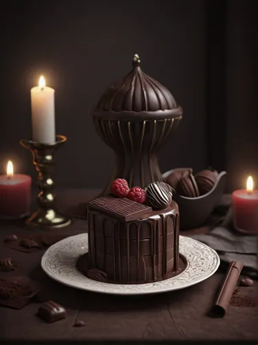 Create a beautiful chocolate model for a romantic evening.,black forest cake,flourless chocolate cake,chocolate cake,sachertorte,mystic light food photography,chocolate fountain,chocolate layer cake,b