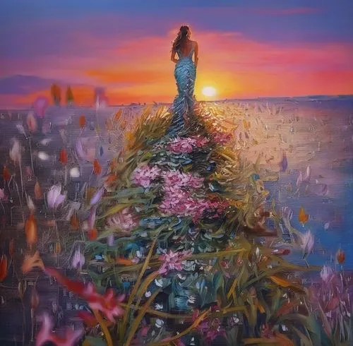 girl in flowers,sea of flowers,field of flowers,girl picking flowers,way of the roses,blooming field,flower painting,splendor of flowers,everlasting flowers,flower in sunset,flower field,passion bloom,scattered flowers,landscape rose,girl walking away,girl in the garden,fallen petals,girl on the dune,meadow in pastel,beautiful girl with flowers,Illustration,Paper based,Paper Based 04