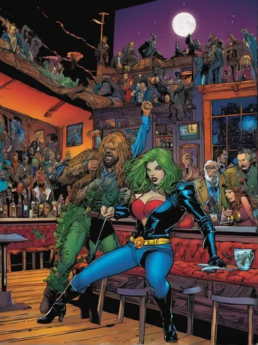 background ivy,justice league,the coffee shop,marvel comics,raphael,comic book bubble,drinking party,birds of prey-night,comic characters,superhero background,crowded,drinking establishment,green lantern,comic bubbles,coffeehouse,comic books,ivy family,nightshade family,crime fighting,comic hero,Illustration,American Style,American Style 03