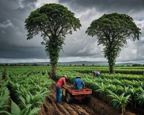 As the effect of Island of Ireland's climate turning "Tropics". Farmers harvesting cassava, while the weather is cloudy (location: Tipperary, Ireland) (climate: Tropical monsoon climate (Am)),field cu