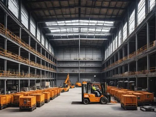 industrial scene, factory interior, precast concrete manufacturer, massive machinery, steel beams, concrete molds, industrial lighting, workers in safety vests, forklifts, crates, raw materials, cemen