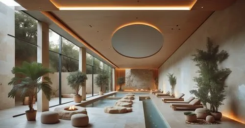 The interior of the spa is designed in the style of Alvaro Siza, with tall columns and a large swimming pool surrounded by limestone walls. There is a forest outside the window. The rock wall behind i