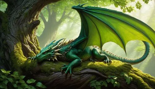 green dragon sleeping under a tree, giant, wings,forest dragon,dragon of earth,dragonja,painted dragon,taittiriya,wyvern,patrol,eragon,emerald lizard,dragon,caiera,dragonlord,triaenops,dragon tree,lud