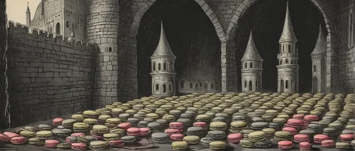 In a mysterious castle, describe a secret room filled with enchanted macarons that grant special powers to those who eat them.,rose apples,bocce,cart of apples,ten-pin bowling,fruit market,medieval ma