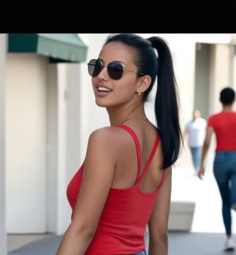 A surprise full body paparazzi photo.  The Moroccan girl with black hair in a high ponytail is walking down the street.  In the background people are walking.  She wears short jeans, a red tank top, s