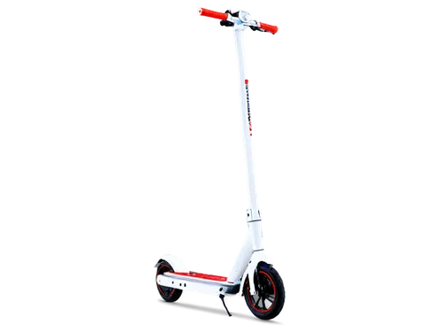 Electric scooter, white body, sleek design, silver handlebar, black wheels, red brake lights, shiny metal pedals, adjustable seat height, urban road scene, morning sunlight, 3/4 composition, shallow d