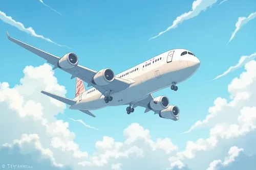 random cartoon scene,plane in clouds,a passenger jet flying through the sky with the flag of united states on the side,plane,openskies,aeroplane,airplanes,skytrax,departure