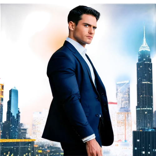 Movie poster, vertical composition, cinematic colors, bold font title, main character close-up, handsome muscular man, short black hair, blue eyes, white shirt, black suit, confident pose, cityscape b