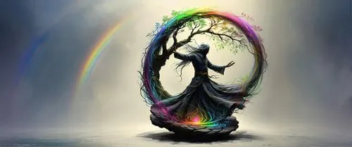 a figure with a tree in its back and a rainbow colored background,colorful tree of life,bifrost,arcobaleno,rainbow background,shamanic,shamanism