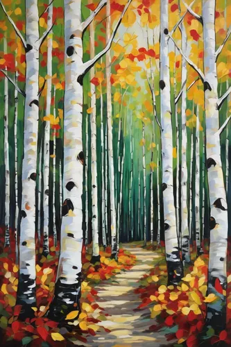 Abstract birch forest oil painting by Holly Van Hart. Artwork features trunks and green, yellow and red leaves. By Holly Van Hart.,birch forest,birch alley,birch trees,autumn forest,sweet birch,forest