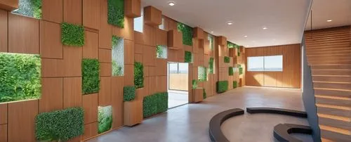 Educational space, wall design, nature-friendly,intensely green hornbeam wallpaper,wooden wall,patterned wood decoration,hallway space,room divider,wall panel,modern office,eco-construction,garden des