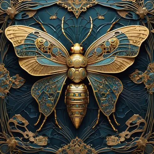 A digitally rendered image of an intricate insect-like figure, adorned with symmetrical decorative elements characteristic of Art Deco. The design includes elaborate geometric patterns, curving lines,