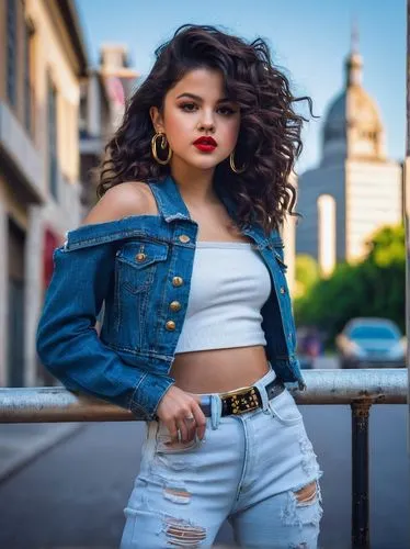 Selena Gomez, Chola-inspired outfit, young adult woman, curly dark brown hair, bold eyebrows, bright red lips, golden hoop earrings, off-the-shoulder denim jacket, white crop top, high-waisted distres