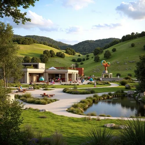 Vibrant educational landscape, rolling hills, lush greenery, walking trails, outdoor classrooms, interactive exhibits, nature-inspired sculptures, colorful playground equipment, amphitheater seating, 