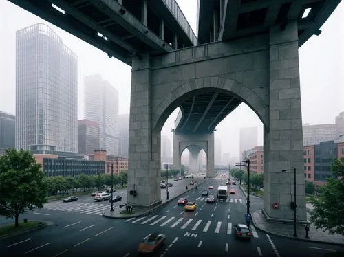 Functional bridge structure, modern engineering techniques, steel beams, suspension cables, reinforced concrete piers, urban cityscape, busy traffic flow, morning rush hour, misty atmospheric conditio