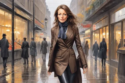 woman walking,woman in menswear,woman shopping,overcoat,bussiness woman,girl walking away,businesswoman,pedestrian,white-collar worker,woman thinking,a pedestrian,women fashion,girl in a long,black coat,sprint woman,women clothes,woman holding a smartphone,oil painting on canvas,long coat,walking in the rain,Digital Art,Comic