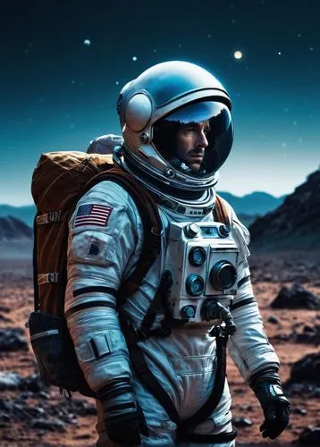 Mysterious syfy, futuristic astronaut, male, 30s, strong facial features, short brown hair, blue eyes, worn spacesuit, oxygen tank, helmet, backpack, standing, planetary landscape, distant stars, mist