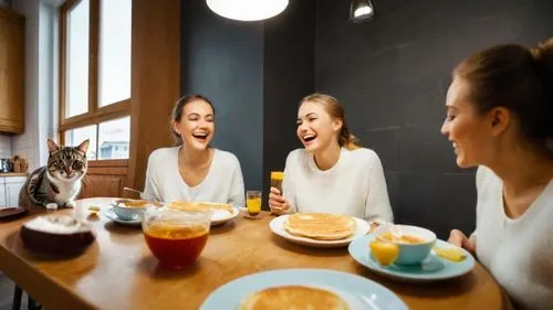 three women sitting at a table smiling with coffee and pancake,women at cafe,cafeterias,koffiekamp,fika,woman drinking coffee,the girl's face