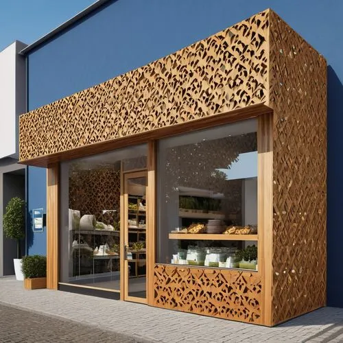 wooden facade,cubic house,patterned wood decoration,building honeycomb,lattice windows,eco-construction,timber house,insect house,exterior decoration,multistoreyed,store front,eco hotel,wooden house,bee hotel,wine boxes,plywood,honeycomb structure,cork wall,shipping container,cube house,Photography,General,Realistic