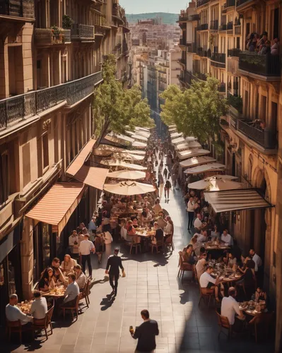 Street full of restaurants and terraces full of people enjoying their meals in Barcelona sunny light view from the top,aix-en-provence,palma de mallorca,cuisine of madrid,seville,barcelona,cagliari,pa