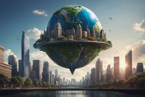 Picture a futuristic cityscape featuring a giant floating terrestrial globe.,planet earth,terraforming,planet eart,earth,world digital painting,fantasy world,the earth,earth in focus,financial world,e