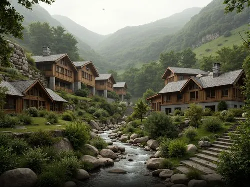 Rustic village, rolling hills, lush greenery, meandering streams, traditional vernacular architecture, earthy tones, natural stone walls, wooden accents, curved lines, organic forms, blending with sur