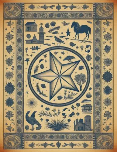 西部乡村复古元素矢量图,an ornate picture with horses and symbols in it,motifs of blue stars,lughnasadh,terracotta tiles,bandana background,placemats,geomancy,Illustration,Abstract Fantasy,Abstract Fantasy 16