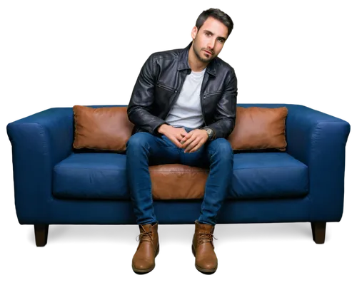 Mature man, solo, (30yo), short black hair, stubble beard, brown eyes, strong jawline, white shirt, open collar, black leather jacket, dark blue jeans, brown boots, sitting on couch, relaxed posture, 