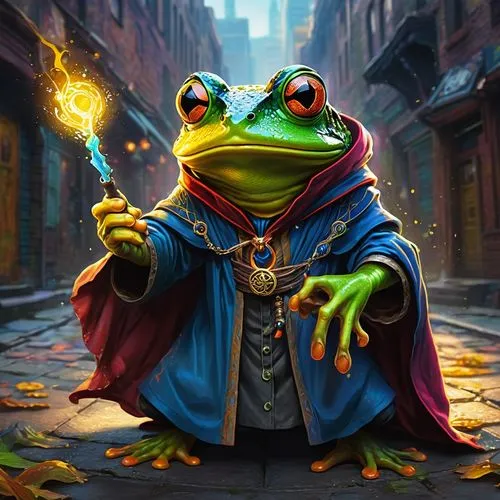 Doctor Strange Frog: A wise frog in a mystical cloak, casting a spell and creating portals to other dimensions, using magic to keep balance and protect the world from dark forces." graffiti art, splas