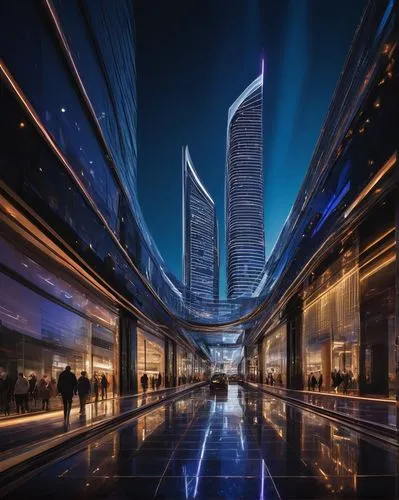 Curved lines, futuristic building, sleek skyscraper, silver metallic material, reflective glass, neon lights, nocturnal cityscape, urban landscape, busy streets, crowds of people, blur motion, shallow