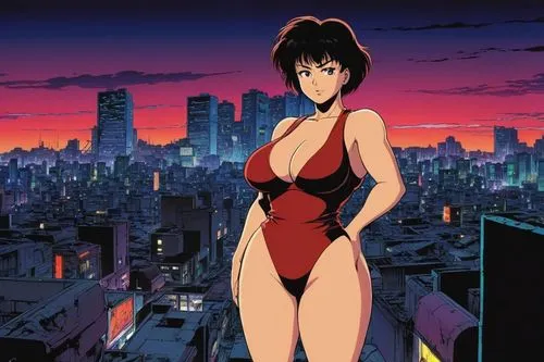 illustration cartoon, one person, single woman brunette, huge bosoms and curvy body, character female Tetsuo from anime Akira, dark background landscape city destroyed ,misato,minmay,motoko,animeigo,f