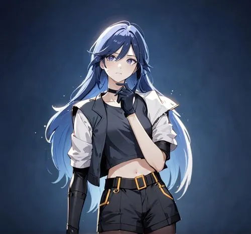 mirando de frente con pelo largo y ojos de diferente color, con chaqueta negra y corta,an anime girl in black with long hair,lucina,zkb,orie,kanan,sayaka,mikuriya,Anime,Anime,Realistic