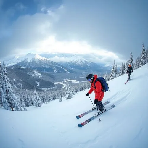 Лыжники катаются с горы,two people in ski gear skiing through the snow,backcountry skiiing,revelstoke,sunshinevillage,kicking horse,christmas skiing,valemount