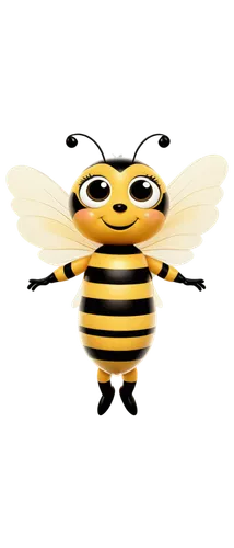 Simple bee, yellow and black stripes, furry body, big round eyes, tiny wings, sweet smile, flying pose, transparent wings, soft sunlight, warm color tone, close-up composition, shallow depth of field.